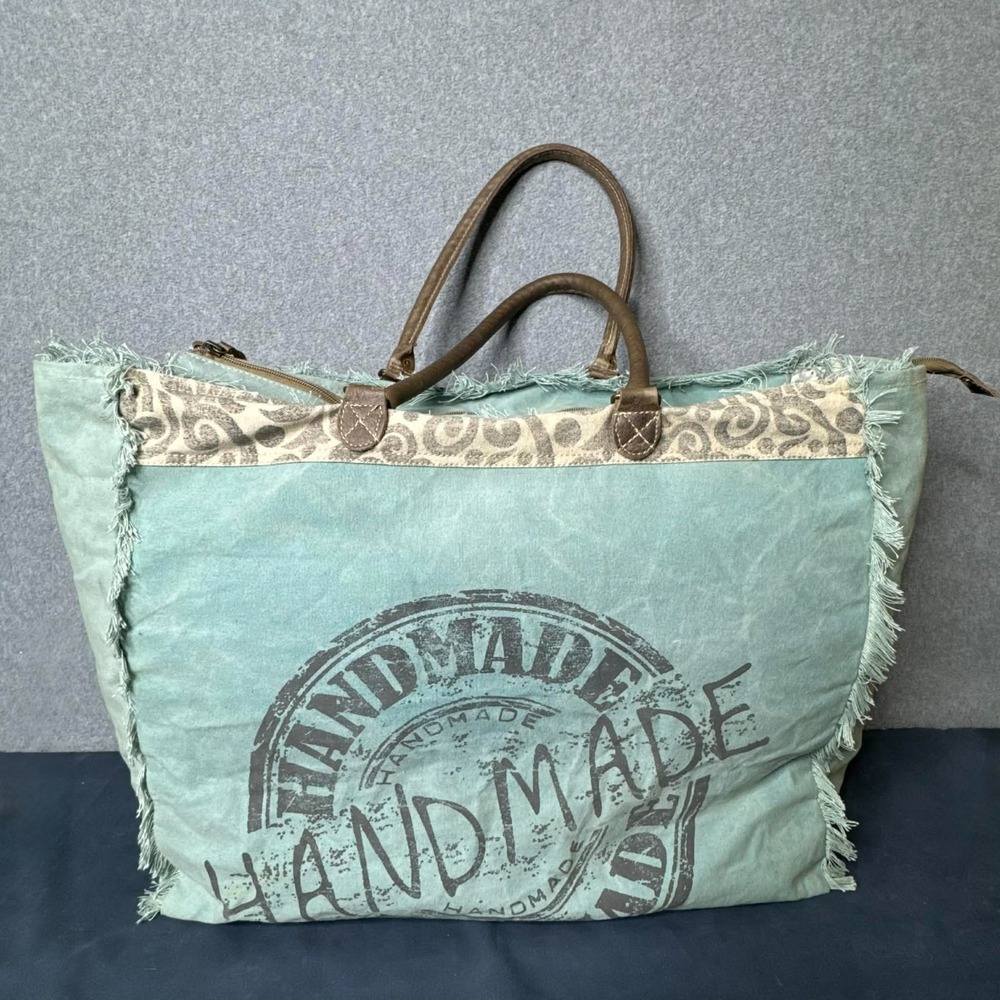Myra Bag Handmade Vintage Canvas Weekender Bag Zip Closure Travel Work Gym Aqua